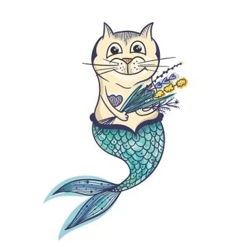 Mermaid Cat Vector Character Stock Illustration