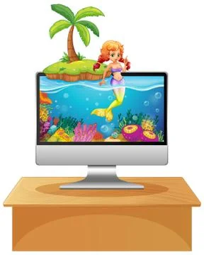 Mermaid on computer screen Illustrazione stock