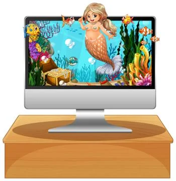 Mermaid on computer screen Illustrazione stock