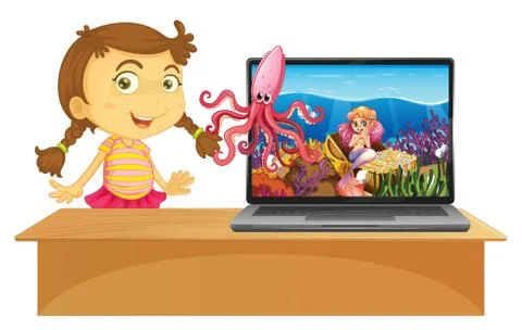Mermaid on computer screen Illustrazione stock