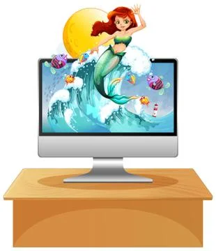 Mermaid on computer screen Illustrazione stock