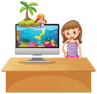 Mermaid on computer screen Illustrazione stock