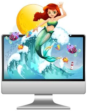 Mermaid on computer screen Illustrazione stock