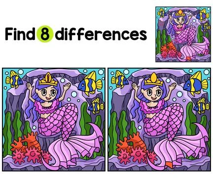 Mermaid Crown Princess Find The Differences Stock Illustration