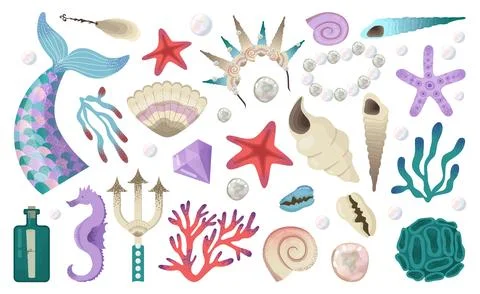 Mermaid elements set. Magical undersea world, seashell, starfish, corals Illustrazione stock