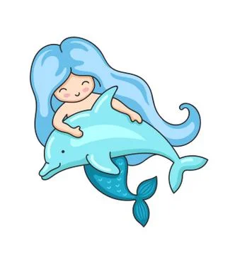 Mermaid, floating with dolphin. Stock Illustration
