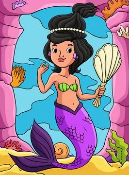 Mermaid Holding a Shell Mirror Colored Cartoon Stock Illustration