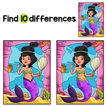 Mermaid Holding Shell Mirror Find The Differences Stock Illustration