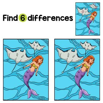 Mermaid with a Manta Ray Find The Differences Stock Illustration