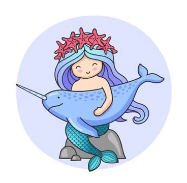 Mermaid with narwhal, sitting on a rock. Stock Illustration