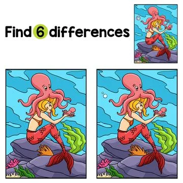 Mermaid with an Octopus Find The Differences Stock Illustration
