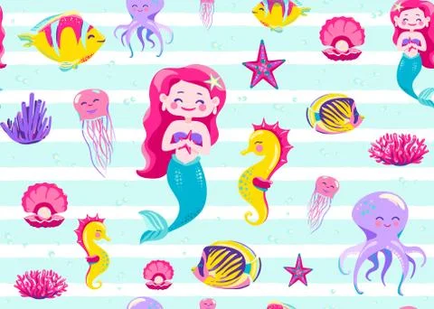 Mermaid pattern seamless vector illustration. Endless background for child print Stock Illustration