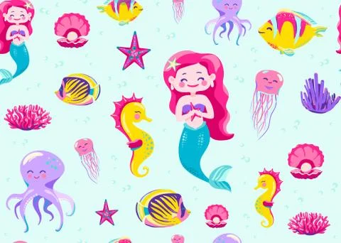 Mermaid pattern seamless vector illustration. Endless background for child print 스톡 일러스트