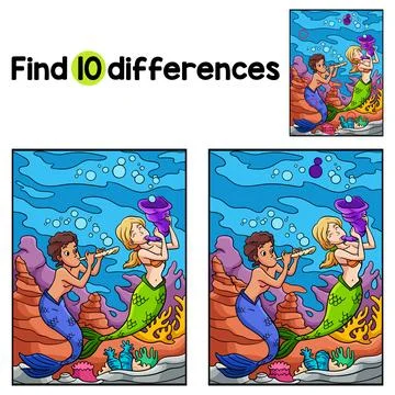 Mermaid Playing Flute Find The Differences Stock Illustration