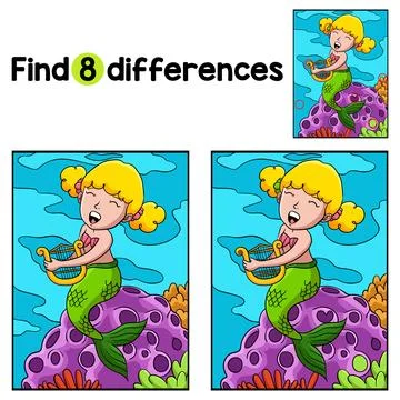 Mermaid Playing Harp Find The Differences Stock Illustration