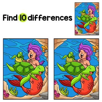 Mermaid Playing with a Turtle Find The Differences Stock Illustration
