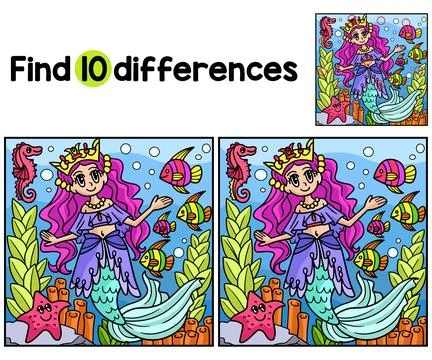 Mermaid Princess Find The Differences Stock Illustration