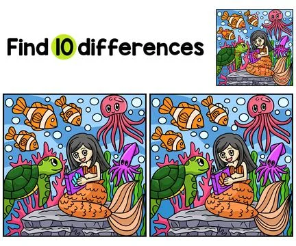 Mermaid Reading Book Find The Differences Stock Illustration