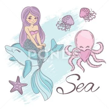 MERMAID SEA Cartoon Travel Tropical Vector Illustration Set Stock Illustration