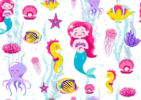Mermaid seamless pattern vector illustration. Endless background for child print Illustrazione stock