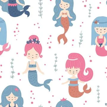 Mermaid seamless pattern. Vector illustrations of cute fantastic girls Stock Illustration