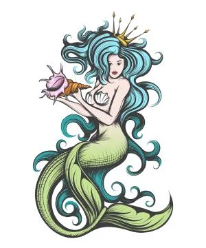 Mermaid with a Seashell in Her Hands Stock Illustration