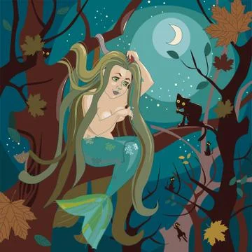 Mermaid sits on a tree branch Ilustração Stock