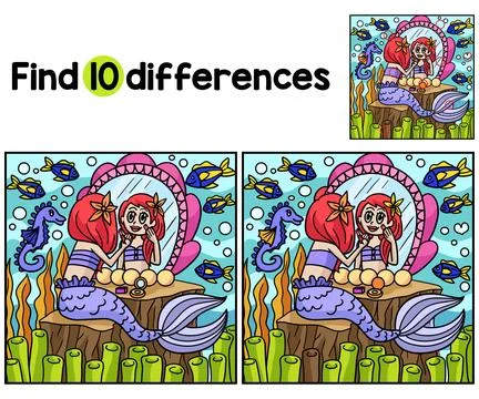Mermaid Sitting In A Mirror Find The Differences Stock Illustration