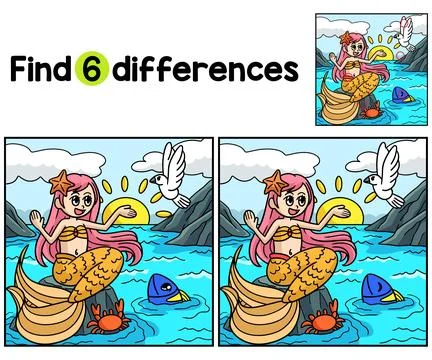 Mermaid Sitting On A Rock Find The Differences Stock Illustration