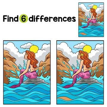 Mermaid Sitting on the Rock Find The Differences Stock Illustration
