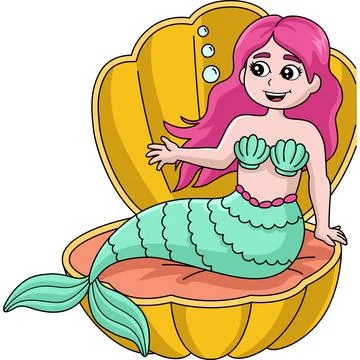 Mermaid Sitting In A Shell Cartoon Colored Clipart Stock Illustration