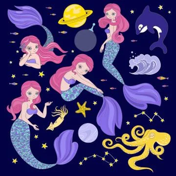 MERMAID IN SPACE Galactic Princess Vector Illustration Set Stock Illustration
