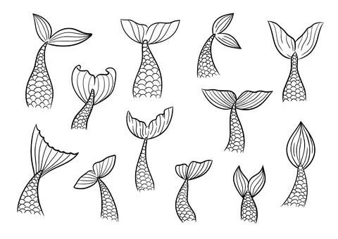 Mermaid tail cute vector icon set black contour marine tale girl elements. Stock Illustration