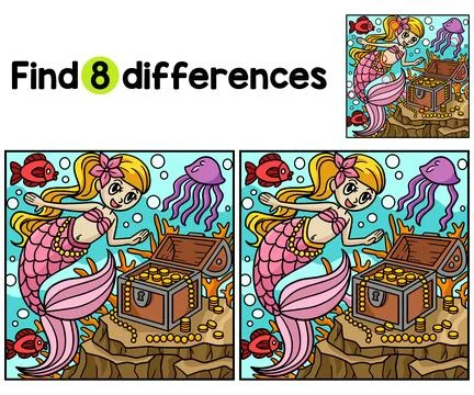 Mermaid with a Treasure Box Find The Differences Stock Illustration