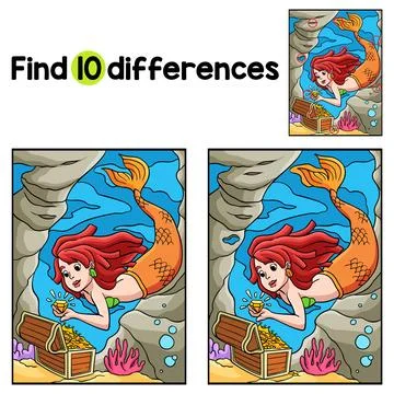 Mermaid with a Treasure Box Find The Differences Stock Illustration