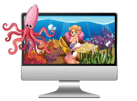 Mermaid underwater scene on computer screen Illustrazione stock