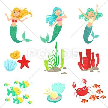 Mermaids And Underwater Nature Stickers Stock Illustration
