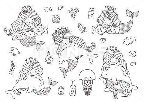 Mermaids with dolphins, fish, jellyfish and medusa. Stock Illustration