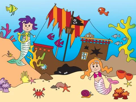 Mermaids in ocean Stock Illustration