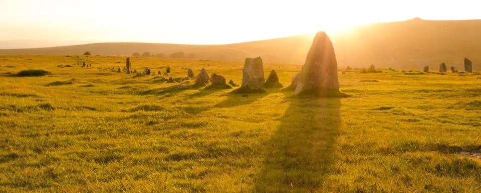 Merrivale Stone Rows, Sunset Foto stock