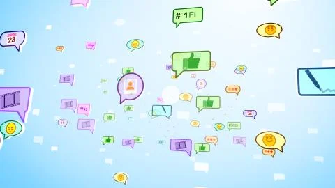 A merry 3d rendering of big and small multicolored social bubbles with tapes, Stock Illustration