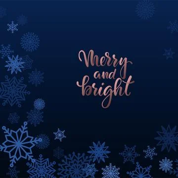 Merry and bright Hand drawn brush pen lettering in golden rose frame on blu.. Stock Illustration