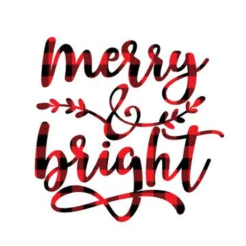Merry and Bright - text with Red and black tartan plaid Scottish buffalo Pattern Stock Illustration