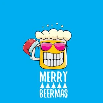 Merry beermas vector comic christmas greeting card with beer glass cartoon Stock Illustration
