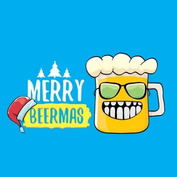 Merry beermas vector comic christmas greeting card with beer glass cartoon Stock Illustration