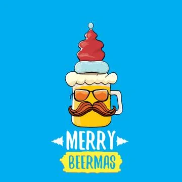 Merry beermas vector comic christmas greeting card with beer glass cartoon Illustrazione stock