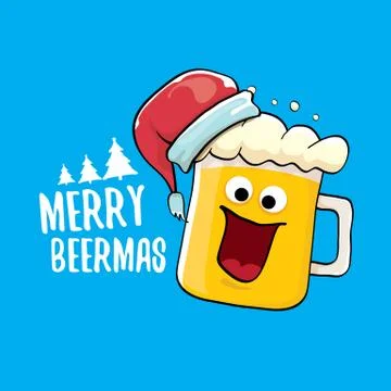 Merry beermas vector comic christmas greeting card with beer glass cartoon Stock Illustration