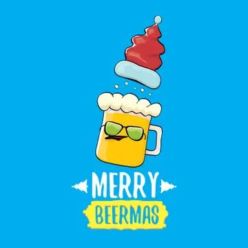 Merry beermas vector comic christmas greeting card with beer glass cartoon Illustrazione stock