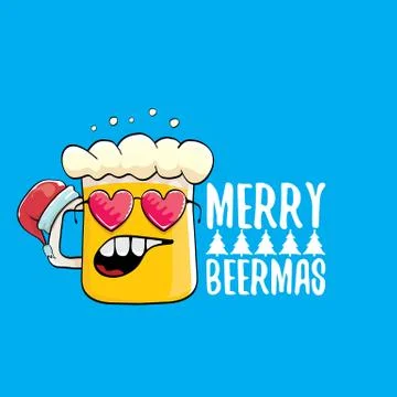 Merry beermas vector comic christmas greeting card with beer glass cartoon Stock Illustration