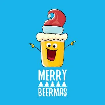 Merry beermas vector comic christmas greeting card with beer glass cartoon Stock Illustration